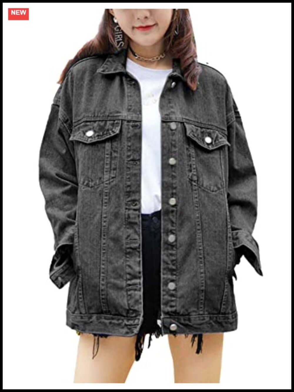 Oversized Denim Jacket Women Mid Long Casual Jean Coat Cotton Loose Fit